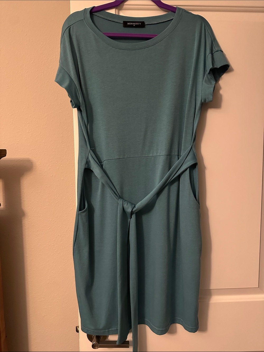 MEROKEETY Teal Midi Dress with Waist Tie